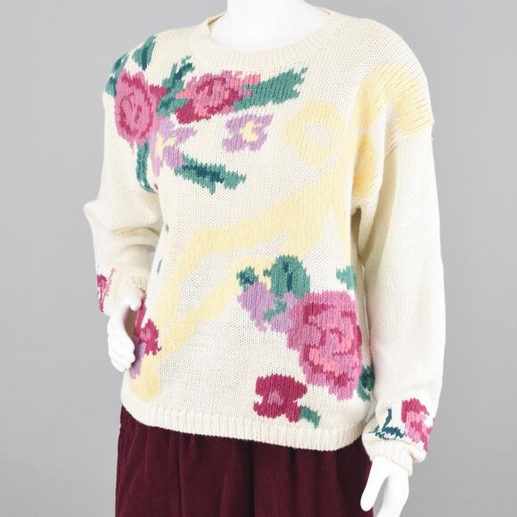 Vintage Cream Floral Cottagecore Chunky Knit Sweater NWT Women's Medium - Picture 8 of 10